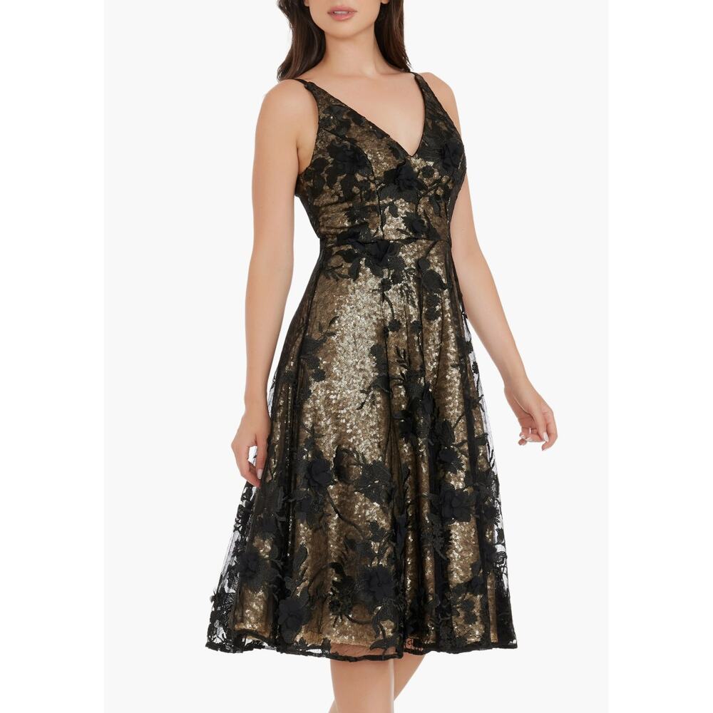 Dress the Population, Elisa Floral Sequin Fit & Flare Dress, Brushed Gold, Sz XS - Picture 8 of 8